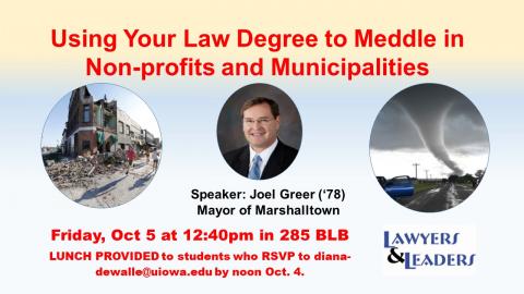 A picture of Joel greer, a picture of a tornado and a picture of a destroyed town. Red text that says "Using your law degree to meddle in non-profits and municipalities". Yellow and blue background.
